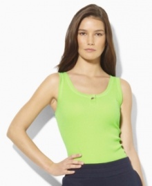 This soft, waffle-knit cotton tank top by Lauren by Ralph Lauren is cut with a chic scoop neckline to create a versatile, season-spanning essential. This soft, waffle-knit cotton tank top by Lauren by Ralph Lauren is cut with a chic scoop neckline to create a versatile, season-spanning essential.