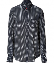 Detailed with a single red button at the throat, Josephs mixed dot silk shirt is a playfully chic way to dress up workweek looks - Contrast dotted collar, long sleeves, buttoned cuffs, button-down front, chest pocket, shirttail hemline - Loose fit - Wear with slim tailored trousers, or tucked into a pencil skirt Detailed with a single red button at the throat, Josephs mixed dot silk shirt is a playfully chic way to dress up workweek looks - Contrast dotted collar, long sleeves, buttoned cuffs, button-down front, chest pocket, shirttail hemline - Loose fit - Wear with slim tailored trousers, or tucked into a pencil skirt