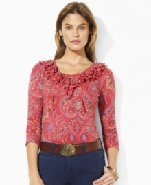 A classic ribbed cotton tee is given a feminine sensibility with a chic ruffled neckline and laced detailing at the placket, from Lauren Jeans Co. A classic ribbed cotton tee is given a feminine sensibility with a chic ruffled neckline and laced detailing at the placket, from Lauren Jeans Co.
