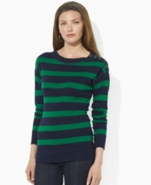 Crafted from fine-ribbed cotton for an indulgently soft feel, Lauren Jeans Co.'s versatile tee with wide stripes, a graceful boatneck and antiqued buttons at the shoulder exudes relaxed refinement. (Clearance) Crafted from fine-ribbed cotton for an indulgently soft feel, Lauren Jeans Co.'s versatile tee with wide stripes, a graceful boatneck and antiqued buttons at the shoulder exudes relaxed refinement. (Clearance)