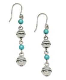 Walk the line this season. Varied sizes of silver tone and reconstituted turquoise beads combine on Lauren by Ralph Lauren's linear drop earrings. Crafted in antiqued silver tone mixed metal. Hangs on fish wire. Approximate drop: 1-1/2 inches. Walk the line this season. Varied sizes of silver tone and reconstituted turquoise beads combine on Lauren by Ralph Lauren's linear drop earrings. Crafted in antiqued silver tone mixed metal. Hangs on fish wire. Approximate drop: 1-1/2 inches.