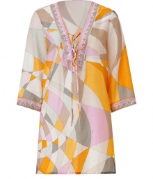 Inject Palm Springs-inspired retro chic into your holiday look with this geometric print caftan from Emilio Pucci - V-neck with lace up detail, three-quarter bell sleeves, side vents, relaxed silhouette, semi-sheer - Style with a halter style swimsuit and embellished sandals for poolside luxe Inject Palm Springs-inspired retro chic into your holiday look with this geometric print caftan from Emilio Pucci - V-neck with lace up detail, three-quarter bell sleeves, side vents, relaxed silhouette, semi-sheer - Style with a halter style swimsuit and embellished sandals for poolside luxe