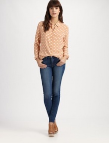 A slinky button-up of solid silk, freshened with chic polka dots.Point collar Hidden button placket Long sleeves with button cuffs Shirttail hem About 27 shoulder to hem Silk Dry clean Imported A slinky button-up of solid silk, freshened with chic polka dots.Point collar Hidden button placket Long sleeves with button cuffs Shirttail hem About 27 shoulder to hem Silk Dry clean Imported