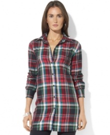 Finished with glistening beading at the chest and faceted buttons, Lauren Ralph Lauren's soft cotton flannel tunic is a feminine update to a menswear-inspired classic. Finished with glistening beading at the chest and faceted buttons, Lauren Ralph Lauren's soft cotton flannel tunic is a feminine update to a menswear-inspired classic.