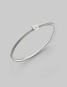 From the Cable Bangle collection. Slim sterling silver has classic cable design and sparkling square diamond accent. Diamonds, 0.07 tcw Sterling silver Diameter, about 2½ Imported From the Cable Bangle collection. Slim sterling silver has classic cable design and sparkling square diamond accent. Diamonds, 0.07 tcw Sterling silver Diameter, about 2½ Imported