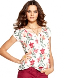 A simple tee is made girly with an artistic floral print and delicate henley placket, from Lucky Brand Jeans. A simple tee is made girly with an artistic floral print and delicate henley placket, from Lucky Brand Jeans.
