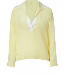 Conjure springtime chic with this relaxed silk blouse from Raoul - Spread collar, V-neck with contrast detail, relaxed silhouette, long sleeves - Style with skinny jeans, a boyfriend blazer, and high heel booties Conjure springtime chic with this relaxed silk blouse from Raoul - Spread collar, V-neck with contrast detail, relaxed silhouette, long sleeves - Style with skinny jeans, a boyfriend blazer, and high heel booties