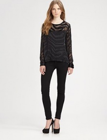From basic to fierce, this silk burnout top has a primal-chic zebra pattern and airy silhouette. RoundneckLong sleeves with buttoned cuffsSilkDry cleanImportedModel shown is 5'10 (177cm) wearing US size Small. From basic to fierce, this silk burnout top has a primal-chic zebra pattern and airy silhouette. RoundneckLong sleeves with buttoned cuffsSilkDry cleanImportedModel shown is 5'10 (177cm) wearing US size Small.