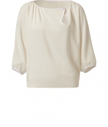 Inject instant refinement to your daytime look with this luxe top from Veronique Leroy - Gathered bateau neck with side keyhole opening detail, billowy sleeves, relaxed silhouette - Pair with high waisted skinnies, a draped front leather jacket, and platform booties Inject instant refinement to your daytime look with this luxe top from Veronique Leroy - Gathered bateau neck with side keyhole opening detail, billowy sleeves, relaxed silhouette - Pair with high waisted skinnies, a draped front leather jacket, and platform booties