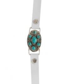 Try on some turquoise. Lucky Brand's leather bracelet features a mixed base metal accent that's decorated with reconstituted semi-precious turquoise stones. Approximate length: 9-1/2 inches. Try on some turquoise. Lucky Brand's leather bracelet features a mixed base metal accent that's decorated with reconstituted semi-precious turquoise stones. Approximate length: 9-1/2 inches.