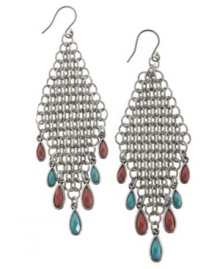 Geometric glam! Lucky Brand's diamond-shaped drop earrings feature a linked design adorned with coral and turquoise plastic beading. Set in silver tone mixed metal, they're nickel-free for sensitive skin. Approximate length: 3-1/2 inches. Geometric glam! Lucky Brand's diamond-shaped drop earrings feature a linked design adorned with coral and turquoise plastic beading. Set in silver tone mixed metal, they're nickel-free for sensitive skin. Approximate length: 3-1/2 inches.