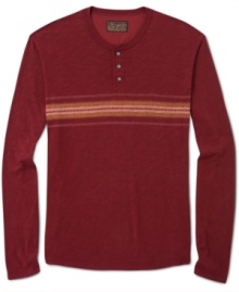Bring attention to your look in a subtle way with this striped henley from Lucky Brand Jeans. Bring attention to your look in a subtle way with this striped henley from Lucky Brand Jeans.