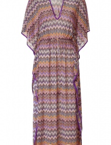 Light and lovely caftan dress in chocolate and honey iconic Missoni pattern - Long, loose silhouette features flowing, wide, mid-length sleeves with contrasting deep purple welt seams, deep v-neckline and fitted waist - Perfect for the boho-hippie look with flats or sandals Light and lovely caftan dress in chocolate and honey iconic Missoni pattern - Long, loose silhouette features flowing, wide, mid-length sleeves with contrasting deep purple welt seams, deep v-neckline and fitted waist - Perfect for the boho-hippie look with flats or sandals