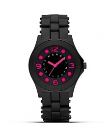 A chic watch from MARC BY MARC JACOBS, the Pelly is cast in blakc silicon with hot pink accents. A chic watch from MARC BY MARC JACOBS, the Pelly is cast in blakc silicon with hot pink accents.
