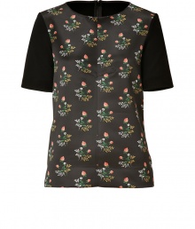 Modern-vintage looks get a finish of immaculate tailoring in Derek Lams floral print top, styled with a black back and sleeves for a chic minimalist twist - Rounded neckline, short sleeves, hidden back zip, tailored fit - Pair with the matching skirt and sleek ankle boots Modern-vintage looks get a finish of immaculate tailoring in Derek Lams floral print top, styled with a black back and sleeves for a chic minimalist twist - Rounded neckline, short sleeves, hidden back zip, tailored fit - Pair with the matching skirt and sleek ankle boots