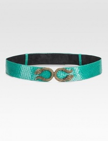 An adjustable snake-print leather design with brass snake shaped hardware. Width, about 1½ Made in USA An adjustable snake-print leather design with brass snake shaped hardware. Width, about 1½ Made in USA