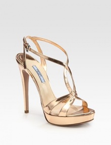 Metallic leather criss-cross platform sandal with a slim heel. Self-covered heel, 5 (125mm)Covered platform, 1 (25mm)Compares to a 4 heel (100mm)Metallic leather upperLeather lining and solePadded insoleMade in ItalyOUR FIT MODEL RECOMMENDS ordering true size. Metallic leather criss-cross platform sandal with a slim heel. Self-covered heel, 5 (125mm)Covered platform, 1 (25mm)Compares to a 4 heel (100mm)Metallic leather upperLeather lining and solePadded insoleMade in ItalyOUR FIT MODEL RECOMMENDS ordering true size.