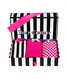 Packaged in a sweet striped box, Juicy Coutures set of 3 undies are as comfy as they are chic - Mixed set of 3 cotton stretch boyshorts with iris lace trim, gold-toned logo engraved heart charm, comes in a gift box - The perfect stocking stuffer for your favorite girl Packaged in a sweet striped box, Juicy Coutures set of 3 undies are as comfy as they are chic - Mixed set of 3 cotton stretch boyshorts with iris lace trim, gold-toned logo engraved heart charm, comes in a gift box - The perfect stocking stuffer for your favorite girl