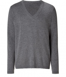 Elegant pullover in a fine medium grey heather wool and cashmere blend - With a deep V-neck - The cut is slim and straight with long sleeves - A casual classy basic for everyday wear - Very light, soft material - Small ribbed cuffs on the sleeves and hem - A classic favorite piece that works with all types of pants for leisure and business