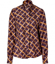 Inject rich color into your timeless sophisticated classics with Salvatore Ferragamos deep plum silk blouse - Collarless with tie, long sleeves, buttoned cuffs, button-down front, soft shirttail hemline - Easy straight fit - Team with figure-hugging pencil skirts and ladylike accessories Inject rich color into your timeless sophisticated classics with Salvatore Ferragamos deep plum silk blouse - Collarless with tie, long sleeves, buttoned cuffs, button-down front, soft shirttail hemline - Easy straight fit - Team with figure-hugging pencil skirts and ladylike accessories