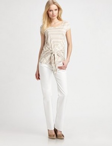Stylish stripes and a self-tie waist detail give this jersey top unmistakable charm.ScoopneckCap sleevesAllover printSelf-tie frontPull-on styleAbout 26 from shoulder to hemViscoseHand washImported of Italian fabric Model shown is 5'10 (177cm) wearing US size Small. Stylish stripes and a self-tie waist detail give this jersey top unmistakable charm.ScoopneckCap sleevesAllover printSelf-tie frontPull-on styleAbout 26 from shoulder to hemViscoseHand washImported of Italian fabric Model shown is 5'10 (177cm) wearing US size Small.