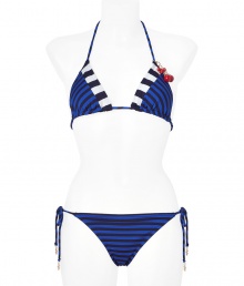 Look poolside pretty in this chic bikini from Juicy Couture - Classic triangle top with multi-stripe detail and charms, dual back tie detail with logo charms, classic bottoms with side tie and charm detail - Pair with a sheer caftan, wedge sandals, a floppy sunhat Look poolside pretty in this chic bikini from Juicy Couture - Classic triangle top with multi-stripe detail and charms, dual back tie detail with logo charms, classic bottoms with side tie and charm detail - Pair with a sheer caftan, wedge sandals, a floppy sunhat