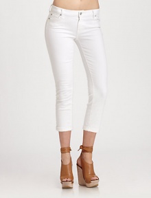 Ultra-soft denim with amazing elasticity, cropped at mid-ankle with a tack-and-roll cuff bottom.THE FITSkinny fitRise, about 7¾Inseam, about 23THE DETAILSZip flyFive-pocket stylePlain back pockets98% cotton/2% spandexMachine washMade in USA of imported fabricModel shown is 5'11 (180cm) wearing US size 4. Ultra-soft denim with amazing elasticity, cropped at mid-ankle with a tack-and-roll cuff bottom.THE FITSkinny fitRise, about 7¾Inseam, about 23THE DETAILSZip flyFive-pocket stylePlain back pockets98% cotton/2% spandexMachine washMade in USA of imported fabricModel shown is 5'11 (180cm) wearing US size 4.