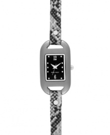 Exotic minimalism in a slim and sleek package from Nine West. Watch crafted of snake printed leather strap and rectangular gunmetal tone mixed metal case. Black dial features silver tone dot markers, numerals at twelve and six o'clock, hour and minute hands, sweeping second hand and logo at six o'clock. Quartz movement. Limited lifetime warranty. Exotic minimalism in a slim and sleek package from Nine West. Watch crafted of snake printed leather strap and rectangular gunmetal tone mixed metal case. Black dial features silver tone dot markers, numerals at twelve and six o'clock, hour and minute hands, sweeping second hand and logo at six o'clock. Quartz movement. Limited lifetime warranty.