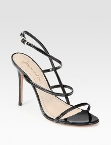 Skinny patent leather straps weave their way around the foot, concluding with an adjustable ankle strap and skinny heel. Self-covered heel, 4 (100mm)Patent leather upperLeather lining and solePadded insoleImported Skinny patent leather straps weave their way around the foot, concluding with an adjustable ankle strap and skinny heel. Self-covered heel, 4 (100mm)Patent leather upperLeather lining and solePadded insoleImported