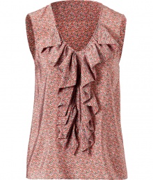 Inject on-trend 70s-inspired style to your daytime look with this chic printed ruffle front top from D&G Dolce & Gabbana - Rounded V-neckline, cascading ruffle front, sleeveless - Loose fit - Wear with high waisted wide leg trousers, a bold shouldered blazer, and high heel pumps Inject on-trend 70s-inspired style to your daytime look with this chic printed ruffle front top from D&G Dolce & Gabbana - Rounded V-neckline, cascading ruffle front, sleeveless - Loose fit - Wear with high waisted wide leg trousers, a bold shouldered blazer, and high heel pumps