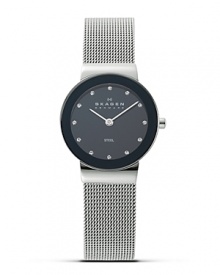Skagen's modern take on time starts with this watch with a black/silver dial framed by a prominent black bezel. Swarovski crystal hour indices and finished with a silver mesh band. Skagen's modern take on time starts with this watch with a black/silver dial framed by a prominent black bezel. Swarovski crystal hour indices and finished with a silver mesh band.