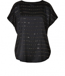 Work an edge of understated glamour into day and evening looks alike with DKNYs embellished stripe silk top - Boat-neckline, short dolman sleeves, bead and sequin stripe embellishment, shirttail hemline - Wear with leather leggings and flats, or tuck into a pencil skirt and pair with heels for cocktails Work an edge of understated glamour into day and evening looks alike with DKNYs embellished stripe silk top - Boat-neckline, short dolman sleeves, bead and sequin stripe embellishment, shirttail hemline - Wear with leather leggings and flats, or tuck into a pencil skirt and pair with heels for cocktails