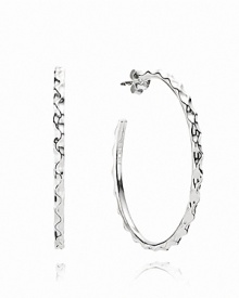 A wavy texture on thin silver hoops adds fresh allure to a classic shape. Earrings by PANDORA. A wavy texture on thin silver hoops adds fresh allure to a classic shape. Earrings by PANDORA.