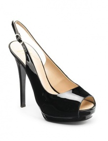 THE LOOKPeep toeSlingback ankle strap with buckle closureSelf-covered heel 3½ (90mm)Self-covered platform, 1 (25mm)Compares to a 2½ heel (65mm)THE MATERIALPatent leatherLeather lining and soleORIGINMade in Italy THE LOOKPeep toeSlingback ankle strap with buckle closureSelf-covered heel 3½ (90mm)Self-covered platform, 1 (25mm)Compares to a 2½ heel (65mm)THE MATERIALPatent leatherLeather lining and soleORIGINMade in Italy