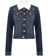 Stylish blue denim jacket - This fleece-lined distressed jean jacket is a must-have closet staple - Cool vintage style and slim, modern cut - Pair with skinny jeans, a pullover, and over-the-knee boots for daytime chic - Try with a color block mini-dress and wedges