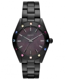 A glistening rainbow of crystals bring a charming touch to this DKNY watch. A glistening rainbow of crystals bring a charming touch to this DKNY watch.