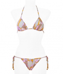 Channel classic retro-chic style in this sexy bikini featuring the classic Pucci print - Triangle style top with tie neck and tie back closure with bead details - Bottoms with side tie detail and bead detail, all over geometric print - Style with a sheer caftan, a floppy sun hat, and oversized shades Channel classic retro-chic style in this sexy bikini featuring the classic Pucci print - Triangle style top with tie neck and tie back closure with bead details - Bottoms with side tie detail and bead detail, all over geometric print - Style with a sheer caftan, a floppy sun hat, and oversized shades