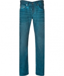 Stylishly distressed, these bold-hued jeans from True Religion inject trend-right cool into your casual look - Five-pocket styling, whiskering, distinctive logo back pockets - Slim fit, straight leg - Wear with a graphic tee, a leather jacket, and boots Stylishly distressed, these bold-hued jeans from True Religion inject trend-right cool into your casual look - Five-pocket styling, whiskering, distinctive logo back pockets - Slim fit, straight leg - Wear with a graphic tee, a leather jacket, and boots