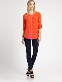 EXCLUSIVELY AT SAKS. Vibrant contrast trim lends a modern edge to this silk design.Jewel necklineContrast concealed button placketFlap pocketsPleated frontLong sleeves with contrast button tab cuffsSilkDry cleanImportedModel shown is 5'10½ (179cm) wearing US size Small. EXCLUSIVELY AT SAKS. Vibrant contrast trim lends a modern edge to this silk design.Jewel necklineContrast concealed button placketFlap pocketsPleated frontLong sleeves with contrast button tab cuffsSilkDry cleanImportedModel shown is 5'10½ (179cm) wearing US size Small.