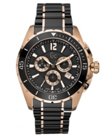 Big city playground-approved. Watch by Gc Swiss Made Timepieces crafted of black high-tech ceramic and round rose-gold tone PVD case. Black ceramic turning bezel with silver tone numerals. Black chronograph dial features applied silver tone numeral at twelve o'clock, stick indices, tachymeter scale, date window at four o'clock, luminous hands and logo. Swiss quartz movement. Water resistant to 100 meters. Ten-year limited warranty. Luxury Gc gift box packaging included. Big city playground-approved. Watch by Gc Swiss Made Timepieces crafted of black high-tech ceramic and round rose-gold tone PVD case. Black ceramic turning bezel with silver tone numerals. Black chronograph dial features applied silver tone numeral at twelve o'clock, stick indices, tachymeter scale, date window at four o'clock, luminous hands and logo. Swiss quartz movement. Water resistant to 100 meters. Ten-year limited warranty. Luxury Gc gift box packaging included.