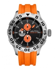 Ready, set, go with this high-intensity watch by Nautica. Orange resin strap and round stainless case. Ratchet bezel with black numerals. Black dial features charcoal stick indices, minute track, three multifunctional subdials, three hands, logo and orange accents. Quartz movement. Water resistant to 100 meters. Five-year limited warranty.