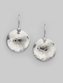 A simple hammered disc of sterling silver, punctuated by a sparkling diamond. Diamonds, 0.02 tcw Sterling silver, Drop, about 1 Diameter, about ½ Ear wire Imported A simple hammered disc of sterling silver, punctuated by a sparkling diamond. Diamonds, 0.02 tcw Sterling silver, Drop, about 1 Diameter, about ½ Ear wire Imported
