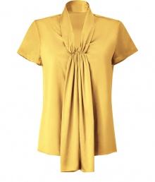 Raise the bar on contemporary classics with Steffen Schrauts elegant gold short sleeve silk top - Small stand up collar with decorative draped silk panel at front - Easy, feminine silhouette tapers gently through waist - Pair with a blazer or denim jacket and style with with pencil skirts, skinny denim or dress trousers Raise the bar on contemporary classics with Steffen Schrauts elegant gold short sleeve silk top - Small stand up collar with decorative draped silk panel at front - Easy, feminine silhouette tapers gently through waist - Pair with a blazer or denim jacket and style with with pencil skirts, skinny denim or dress trousers