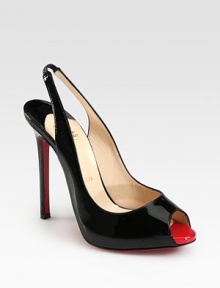 Patent leather peep toe silhouette with a towering heel and elasticized slingback strap. Self-covered heel, 4¾ (120mm)Covered platform, ½ (15mm)Compares to a 4¼ heel (110mm)Patent leather upperPeep toeElasticized slingback strapLeather liningSignature red leather solePadded insoleMade in Italy Patent leather peep toe silhouette with a towering heel and elasticized slingback strap. Self-covered heel, 4¾ (120mm)Covered platform, ½ (15mm)Compares to a 4¼ heel (110mm)Patent leather upperPeep toeElasticized slingback strapLeather liningSignature red leather solePadded insoleMade in Italy