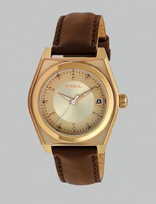 From the Escape Collection. A unique timepiece featuring a warm rose goldtone ion-plated stainless steel contour case with a round inset case. Quartz movementWater resistant to 10 ATMContour rose goldtone ion-plated stainless steelcase, 34mm (1.3) Smooth inset bezelRose goldtone ion-plated dialDot markersDate display at 3 o'clockSecond hand Brown leather strapImported From the Escape Collection. A unique timepiece featuring a warm rose goldtone ion-plated stainless steel contour case with a round inset case. Quartz movementWater resistant to 10 ATMContour rose goldtone ion-plated stainless steelcase, 34mm (1.3) Smooth inset bezelRose goldtone ion-plated dialDot markersDate display at 3 o'clockSecond hand Brown leather strapImported