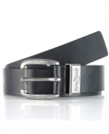 With a cool, chunky buckle, this Marc Ecko leather belt gives an ordinary outfit a little extra heft. With a cool, chunky buckle, this Marc Ecko leather belt gives an ordinary outfit a little extra heft.