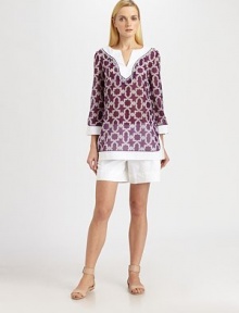 From its spectacular print to its exquisite beading this top embodies the perfect union of luxury and comfort.Stunning beaded necklineThree-quarter sleevesSplit cuffsFrench bust dartsSide slitsPull-on styleAbout 30 from shoulder to hem70% cotton/30% silkDry cleanImported of Italian fabric Model shown is 5'11 (180cm) wearing US size 4. From its spectacular print to its exquisite beading this top embodies the perfect union of luxury and comfort.Stunning beaded necklineThree-quarter sleevesSplit cuffsFrench bust dartsSide slitsPull-on styleAbout 30 from shoulder to hem70% cotton/30% silkDry cleanImported of Italian fabric Model shown is 5'11 (180cm) wearing US size 4.