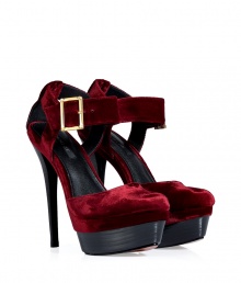 Finish your look on an ultra glamorous note with Rachel Zoes rich merlot velvet platform pumps - Rounded toe, buckled ankle strap, cut-out back counter, black stacked leather platform and heel - Pair with chic cocktail dresses and shimmering metallic accessories Finish your look on an ultra glamorous note with Rachel Zoes rich merlot velvet platform pumps - Rounded toe, buckled ankle strap, cut-out back counter, black stacked leather platform and heel - Pair with chic cocktail dresses and shimmering metallic accessories