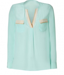 With an effortless chic look in pristine silk, Steffen Schrauts pastel detailed top is perfect for both dressing up and down - Open round neckline, long sleeves, buttoned cuffs, side slits, flap chest pockets, two-tone trim - Loosely fitted - Wear with skinnies, flats and a leather carryall With an effortless chic look in pristine silk, Steffen Schrauts pastel detailed top is perfect for both dressing up and down - Open round neckline, long sleeves, buttoned cuffs, side slits, flap chest pockets, two-tone trim - Loosely fitted - Wear with skinnies, flats and a leather carryall