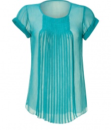 Feminine and chic, this darling silk top brings high style to any look - Round neck, cuffed cap sleeves, front pleat detail, relaxed silhouette, semi-sheer - Style with cropped trousers, a boyfriend blazer, and wedge heels Feminine and chic, this darling silk top brings high style to any look - Round neck, cuffed cap sleeves, front pleat detail, relaxed silhouette, semi-sheer - Style with cropped trousers, a boyfriend blazer, and wedge heels